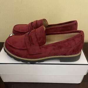 Taryn Women's Burgundy Suede Loafers Slip-On Comfort Flats Lug Sole Shoes